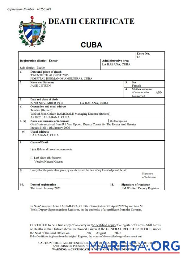 Downloadable Cuba death certificate Word and PDF template